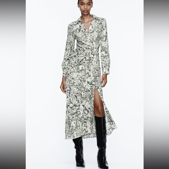 ZARA RUCHED PRINTED MIDI DRESS - Picture 1 of 9